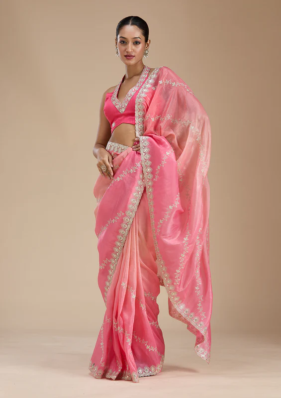 Gajari Pink Gotapatti Crepe Saree